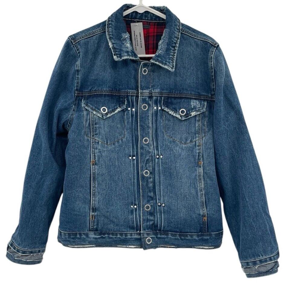 Blank NYC Reversible American Pie Jean Jacket size M Plaid Denim Distressed